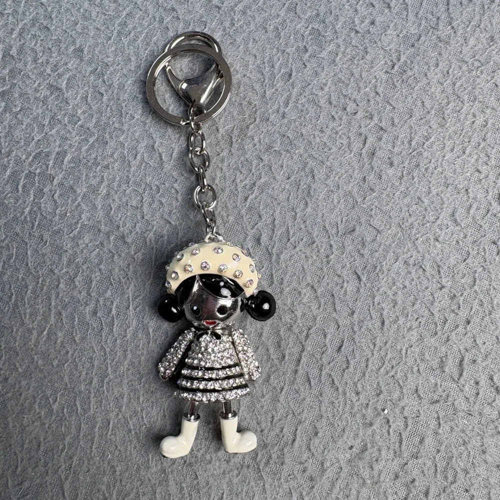 Crystal Rhinestone Girl Doll Keychain Silver Tone Heart Cutout Bag Charm